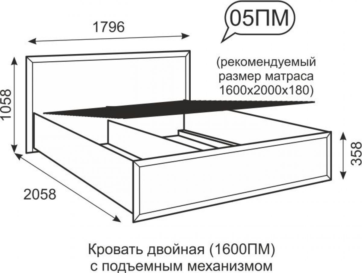 Кровать с подъемным механизмом 160х200 схема габаритов